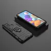 A black smartphone case with a ring holder is shown next to a smartphone with a colorful wallpaper. Produktbild-Vorschau
