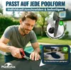 A man is cutting a black material with scissors, with a pool and a house in the background. There are also graphics showing accessories and a pool shape. Produktbild-Vorschau