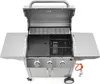 A stainless steel gas grill with the lid open, showing the cooking grates and a griddle. Náhled obrázku produktu
