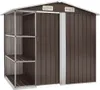 A brown metal garden shed with shelves on the left side and a sliding door on the right. Náhled obrázku produktu
