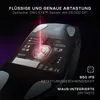 The underside of a black wireless gaming mouse with a red laser sensor beam illuminating the surface. Produktbild-Vorschau