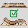 A wooden bed frame with adjustable slats is shown in two configurations: flat and elevated. A green checkmark icon is displayed between the two images. Náhľad obrázku produktu