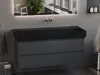 A modern bathroom vanity with a black sink and gray drawers, illuminated by a light strip above the mirror. Produktbild-Vorschau