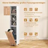 A tall, narrow white cabinet with wooden accents, featuring open shelves and a pull-out laundry basket. Text overlays describe its features and capacity. Náhled obrázku produktu