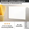 A white infrared heater mounted on a wall next to a chair, with marketing text and icons at the bottom. Produktbild-Vorschau