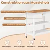 A close-up marketing image of a white kitchen cart with a wooden top, highlighting its construction and features with text overlays and icons. Náhled obrázku produktu