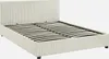 A white upholstered bed frame with a slatted base, shown from a diagonal front-left angle against a white background. Produktbild-Vorschau