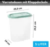 A transparent food storage container with a green lid, showing dimensions and capacity. Produktbild-Vorschau