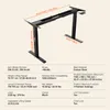 A diagram of a black adjustable standing desk frame with dimensions and specifications labeled. Podgląd zdjęcia produktu