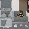 A collage of images showing a dog on a sofa with a protective cover, close-ups of the cover's texture and stitching, and icons representing different uses. Náhled obrázku produktu