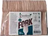 A package of wooden disposable forks with a label showing product details and branding. Produktbild-Vorschau