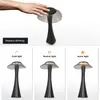 A hand touching a modern LED table lamp, with three separate images below showing the lamp with cold, neutral, and warm light. Produktbild-Vorschau