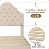 Close-up view of a beige upholstered bed frame, highlighting adjustable headboard and wooden slats. Náhled obrázku produktu