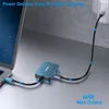 A laptop connected to a USB-C hub, which is then connected to a power source, illustrating pass-through charging. Produktbild-Vorschau