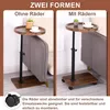 A split image showing two configurations of a round side table: one without wheels and one with wheels. A small plant and a cup are on the table in both configurations. Text describes the two forms and the wheels. Produktbild-Vorschau