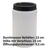 A white cylindrical container with a black screw-on lid, shown against a white background. Text below the container provides its dimensions. Anteprima dell’immagine prodotto
