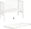 A white crib and a white mattress are shown against a white background, with a plus sign in between them. Produktbild-Vorschau