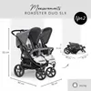 A diagram showing the dimensions of a Hauck Roadster Duo SLX double stroller, both unfolded and folded, along with its weight. Produktbild-Vorschau