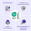A diagram illustrating four key features of a product, with a central OEKO-TEX certification logo. Produktbild-Vorschau