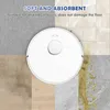 A white robot vacuum cleaner is shown on a collage of different floor types, with text overlay. Produktbild-Vorschau