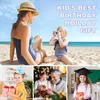 A collage of four images showing different scenarios related to gifts and children. The top image shows a mother and child on a beach. The bottom left shows a boy with gifts. The bottom center shows a girl and grandfather opening gifts. The bottom right sh Produktbild-Vorschau