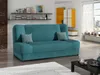A teal sofa bed is shown in a modern living room setting with shelves and a window in the background. Náhled obrázku produktu