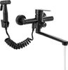 A black wall-mounted kitchen faucet with a handheld sprayer and a coiled hose, shown against a white background. Náhled obrázku produktu