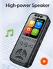A black digital voice recorder with a colorful touchscreen interface is shown in a studio-like setting with abstract background elements. Náhled obrázku produktu