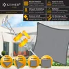A marketing image showcasing a grey sun sail with various features highlighted through text and diagrams. Produktbild-Vorschau