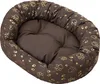 A brown oval dog bed with a gold paw print pattern. Podgląd zdjęcia produktu