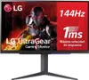 A marketing image for an LG UltraGear gaming monitor, featuring a stylized warrior and key specifications. Produktbild-Vorschau
