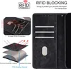 Collage of images showing the features of a phone case, including its RFID blocking capabilities and material layers. Produktbild-Vorschau