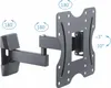 A black, articulated wall mount for a television or monitor, shown against a white background with annotations indicating its range of motion. Produktbild-Vorschau