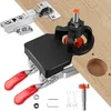 A jig for drilling holes for concealed hinges is shown on a wooden surface, with a hinge and drill bit also visible. Produktbild-Vorschau