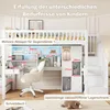 A loft bed with a desk and storage, featuring dimensions and feature callouts. Anteprima dell’immagine prodotto