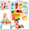 A collage of a baby activity table, a box for the table, and two babies interacting with the table. Podgląd zdjęcia produktu
