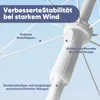 Close-up of a white umbrella pole and spokes with text overlays highlighting features. Produktbild-Vorschau