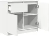 A white sideboard with an open drawer and one door ajar, revealing shelves inside. Produktbild-Vorschau