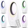 A collage of a white bladeless fan with different colored LED lights around the opening, and a remote control. Produktbild-Vorschau