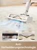 A vacuum cleaner head is shown cleaning a carpet, with a split image below comparing two brush designs. Produktbild-Vorschau