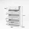 A white shoe cabinet with multiple flip-down compartments and two drawers, with dimensions indicated by measurement lines and text. Produktbild-Vorschau