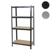 A black metal shelving unit with four wooden shelves, shown against a white background. Two circular color swatches, black and gray, are visible in the upper right corner. Náhled obrázku produktu