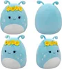 A collage of four images showing a blue plush toy with yellow flowers on its head from different angles. Podgląd zdjęcia produktu