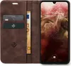A brown leather flip case for a smartphone, open to reveal card slots and a banknote, with the smartphone screen displaying the time and date. Produktbild-Vorschau