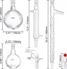 A collection of laboratory glassware, including round-bottom flasks, a condenser, and a distillation adapter, with dimensions indicated by measurement lines and text. Produktbild-Vorschau
