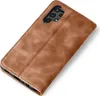 A brown leather flip case for a smartphone is shown against a white background. Produktbild-Vorschau