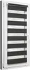 A roller blind with alternating dark gray and white stripes, installed on a white window frame. Produktbild-Vorschau