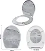 A collage of images showing a toilet seat from different angles, including dimensions. Náhled obrázku produktu