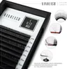 A close-up view of a tray of eyelash extensions, with various close-up shots of different lash fan styles and a descriptive text box. Produktbild-Vorschau