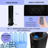A collage of images showing a black tower fan, its dimensions, a remote control, and cooling packs with ice cubes. Náhľad obrázku produktu